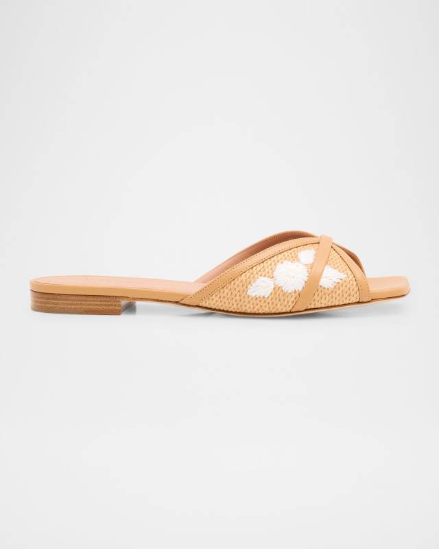 Perla Embroidered Raffia Flat Slide Sandals